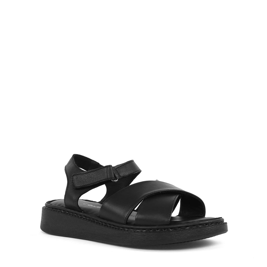 Damen Sandalen aus schwarzem Leder mit Klettverschluss und Plateau (366-28211)