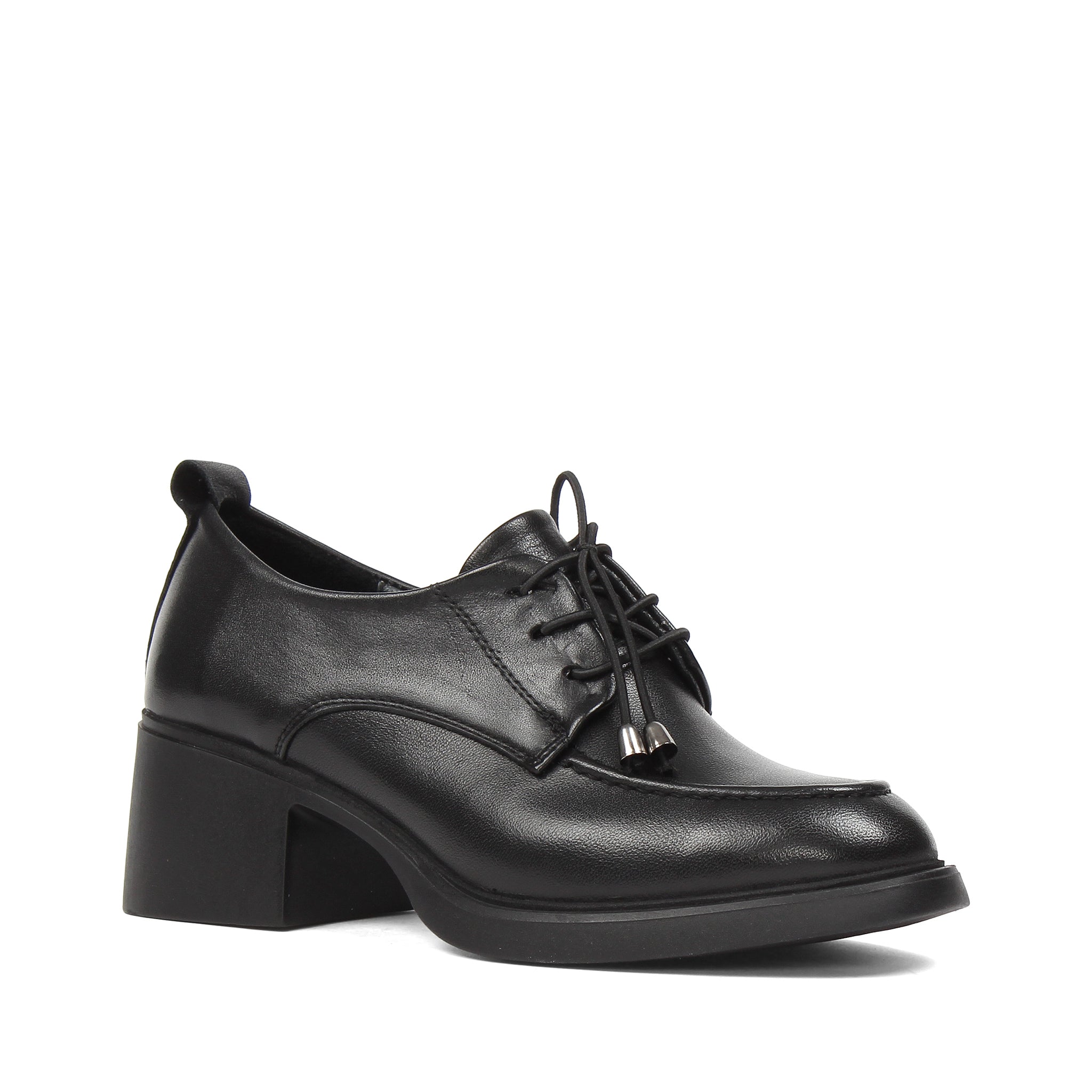 Damen Oxford Schuhe Schwarz Glattleder mit Blockabsatz und Schnürung (727-28639)