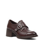 Women's Brown Leather Block Heel Shoes with Side Buckle Strap (727-28666)