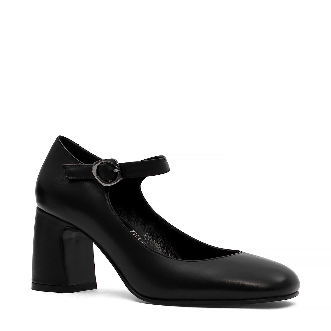 Damen Mary Jane Pumps aus schwarzem Leder mit Blockabsatz und Riemen (752-31700)