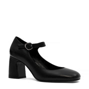 Damen Mary Jane Pumps aus schwarzem Leder mit Blockabsatz und Riemen (752-31700)