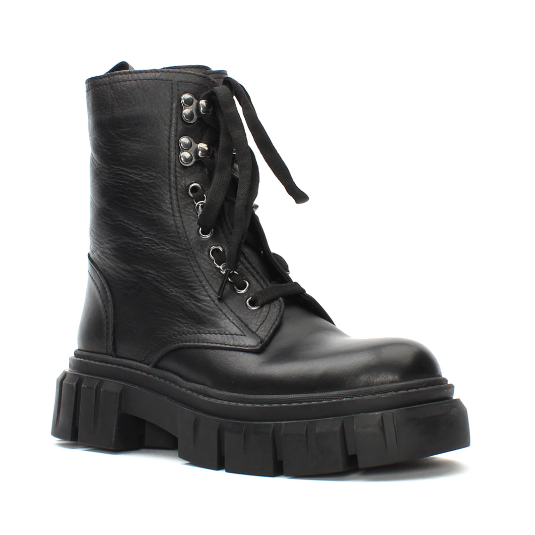 Women's Black Leather Lace-Up Boots with Block Heel (029-20130)