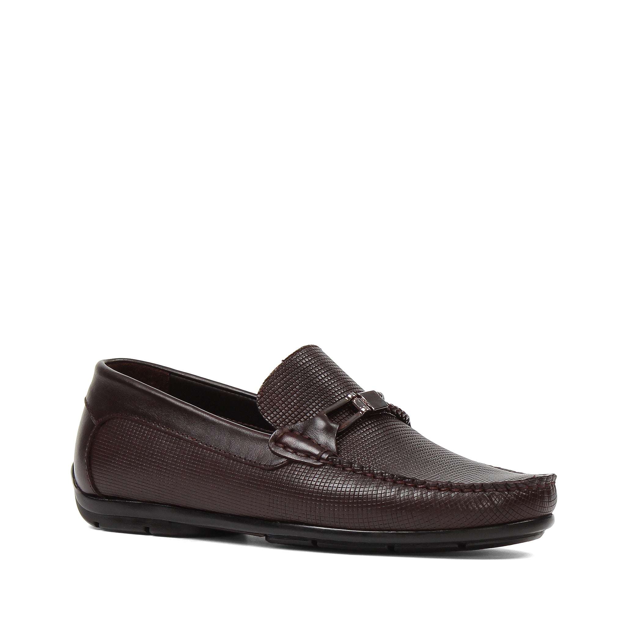Men’s Brown Leather Slip-On Loafers with Buckle Accent (606-2409)