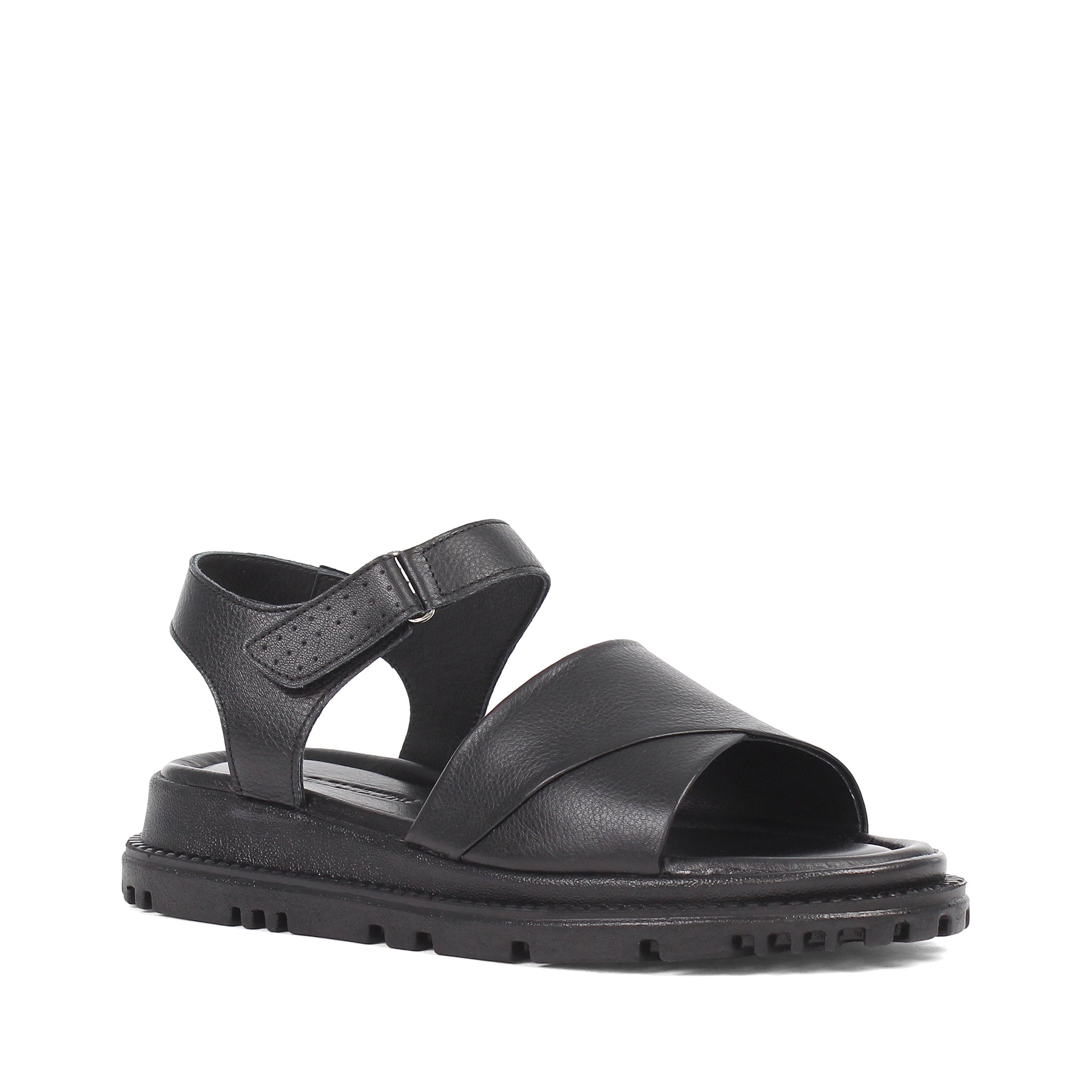 Women’s Black Leather Velcro Strap Platform Sandals (728-28507)