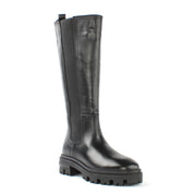 Damen Schwarze Kniehohe Leder-Stiefel mit Chunky-Sohle (029-20141)