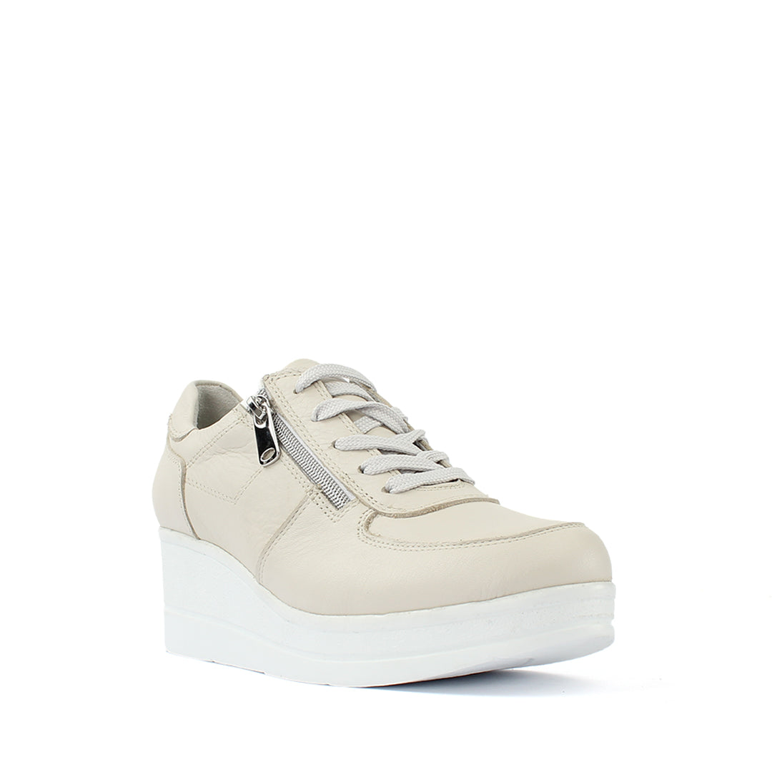 Women's Beige Leather Wedge Sneakers with Zipper (115-162)