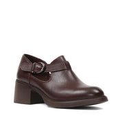 Women's Brown Leather Block Heel Shoes with Side Buckle Strap (727-28634)