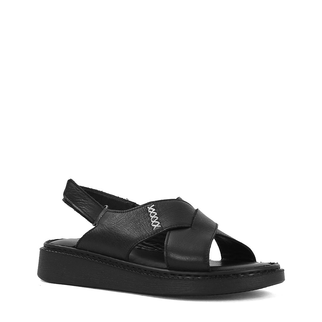 Damen Leder Sandalen Schwarz mit Kreuzriemen und Klettverschluss (366-28228)