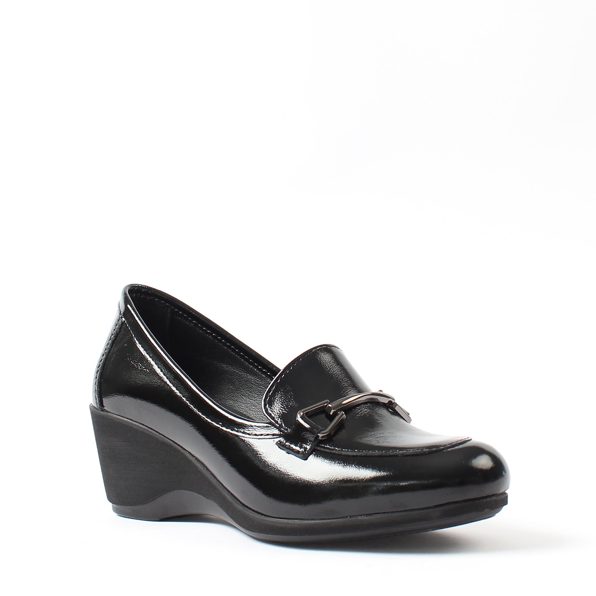 Women's Black Patent Leather Wedges with Decorative Detail (376-20429)