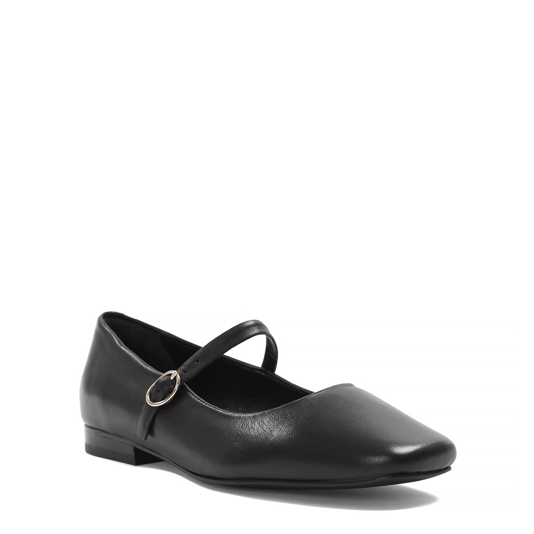 Damen Ballerinas aus Leder in Schwarz mit Riemenverschluss (085-29403)