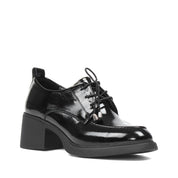 Women's Black Patent Block Heel Oxford Shoes with Laces (727-28639)