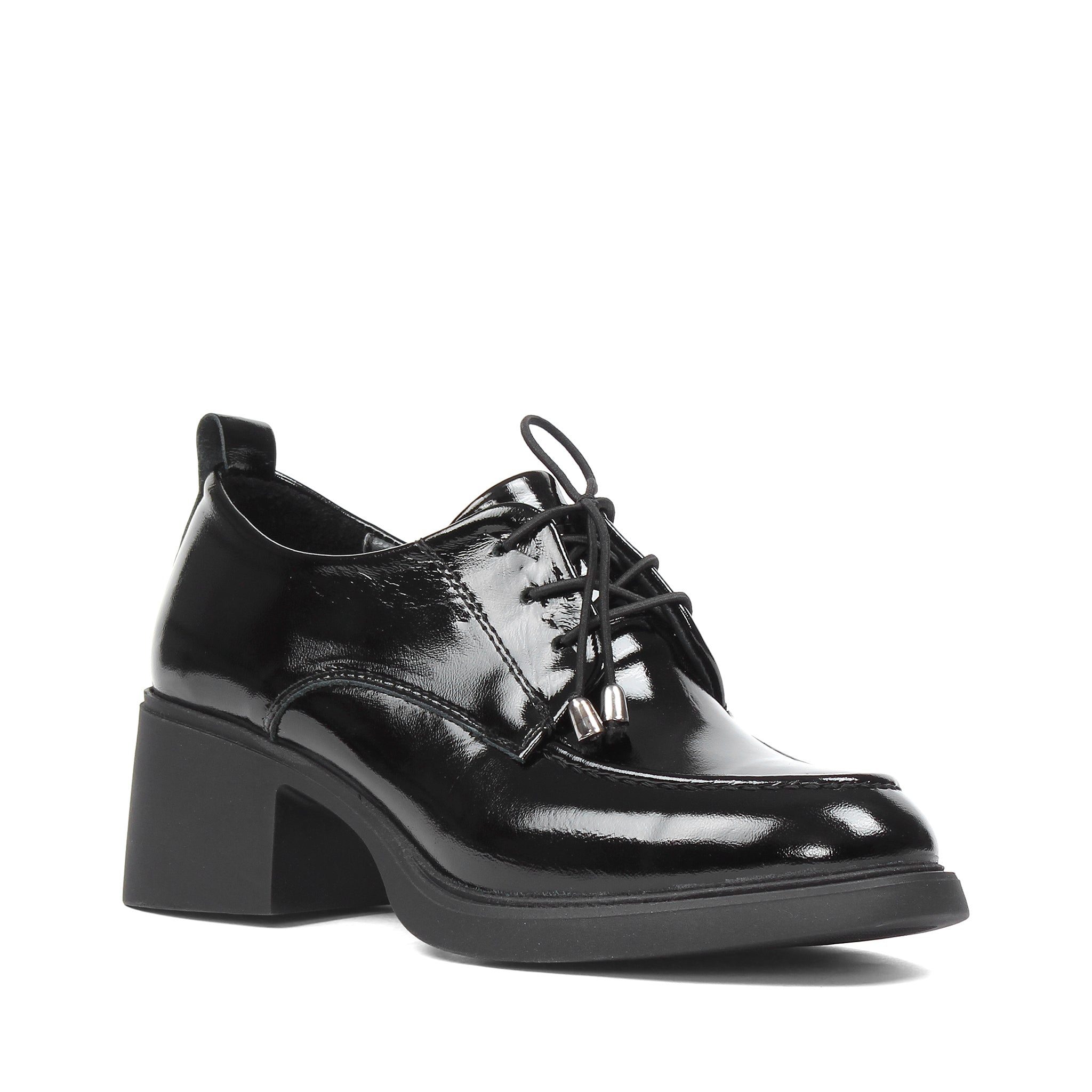 Women's Black Patent Block Heel Oxford Shoes with Laces (727-28639)