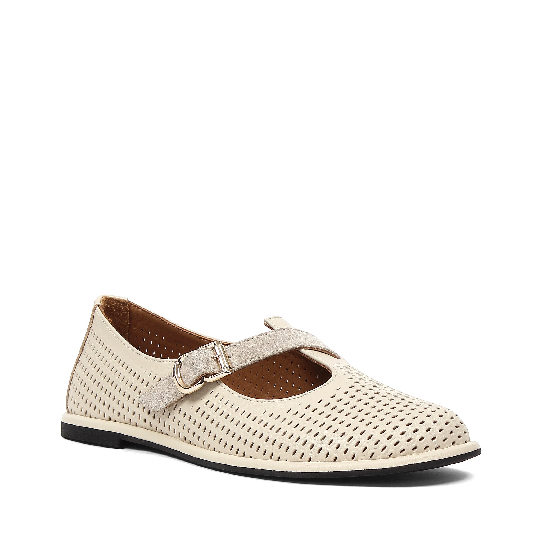 Women's Beige Leather Flat Shoes with Side Buckle and Comfort Sole (726-28427)