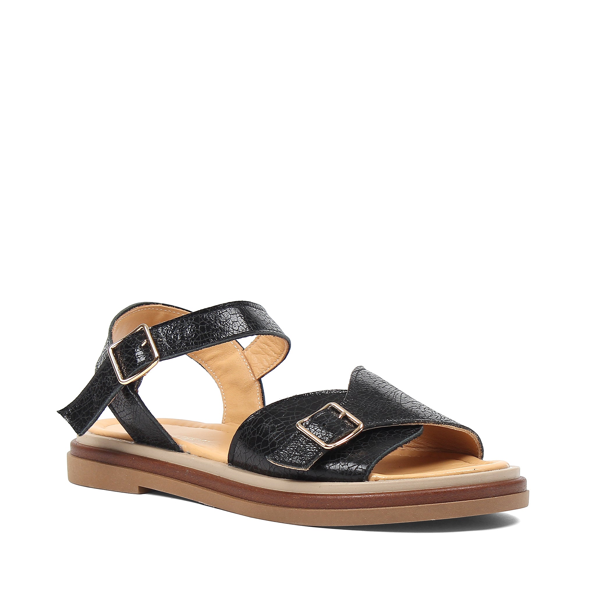 Women’s Black Leather Velcro Strap Platform Sandals (789-42104)