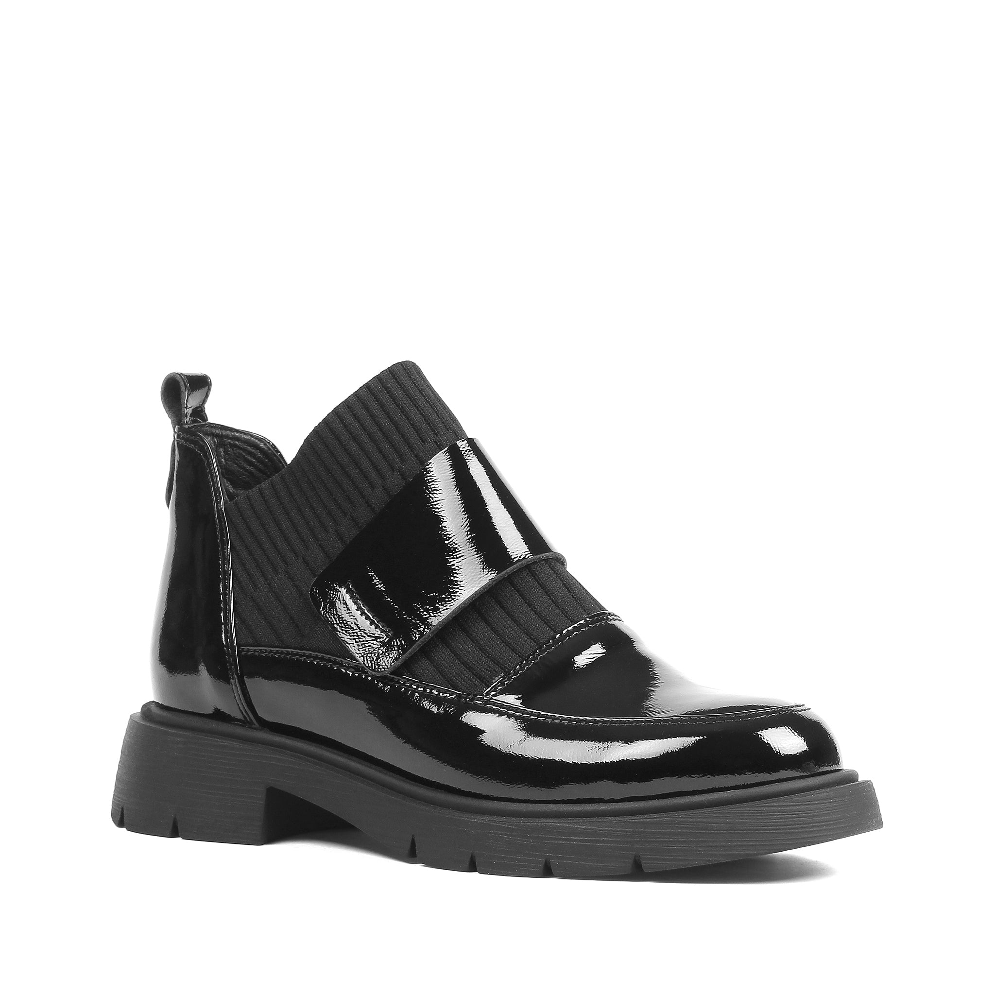 Damen Loafer Boots Schwarz Lackleder mit Strickschaft (013-28811)