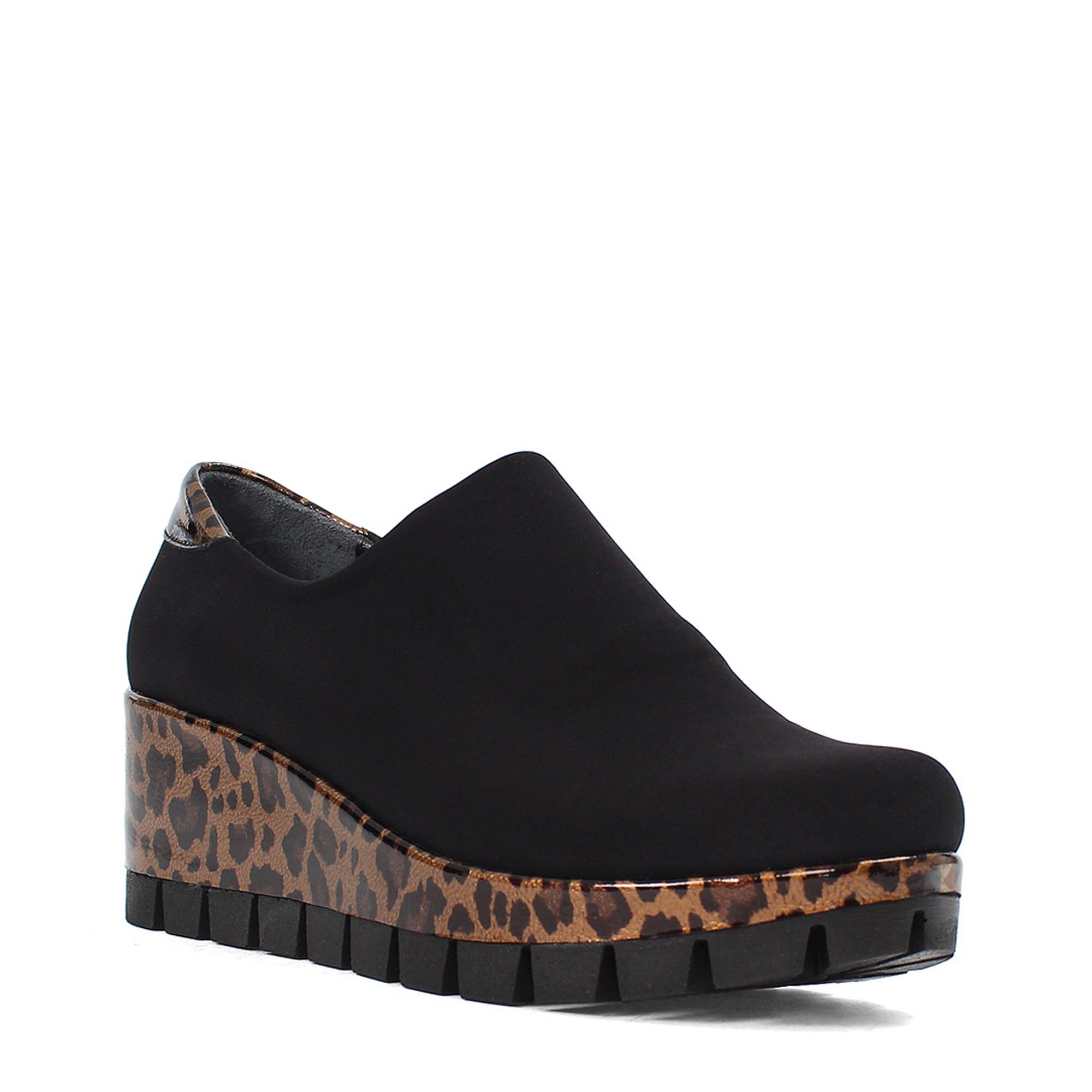 Damen Plateau-Slipper – Schwarz mit braunem Leo-Muster (317-401)