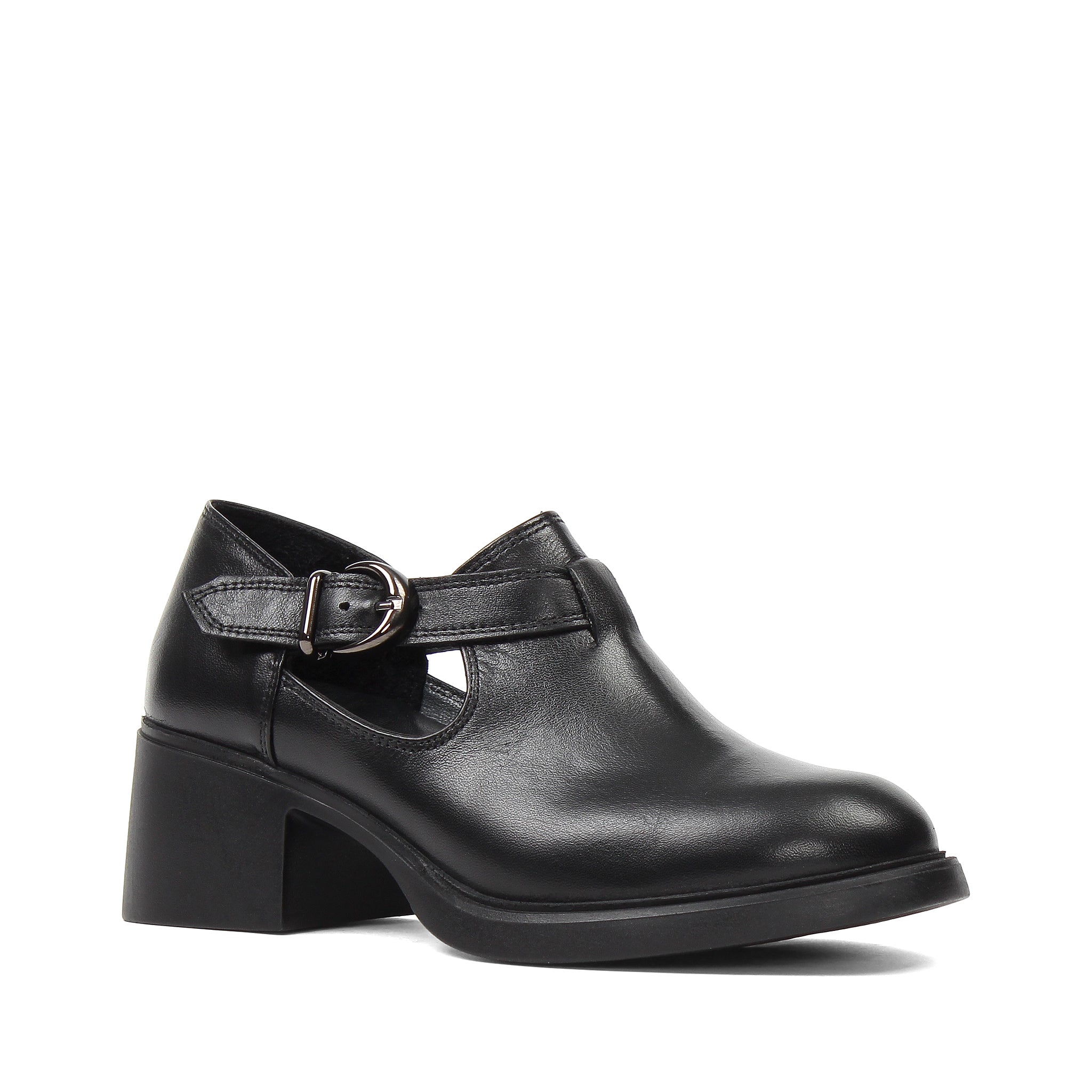 Damen Blockabsatz Schuhe Schwarz Leder mit Schnallenriemen (727-28634)