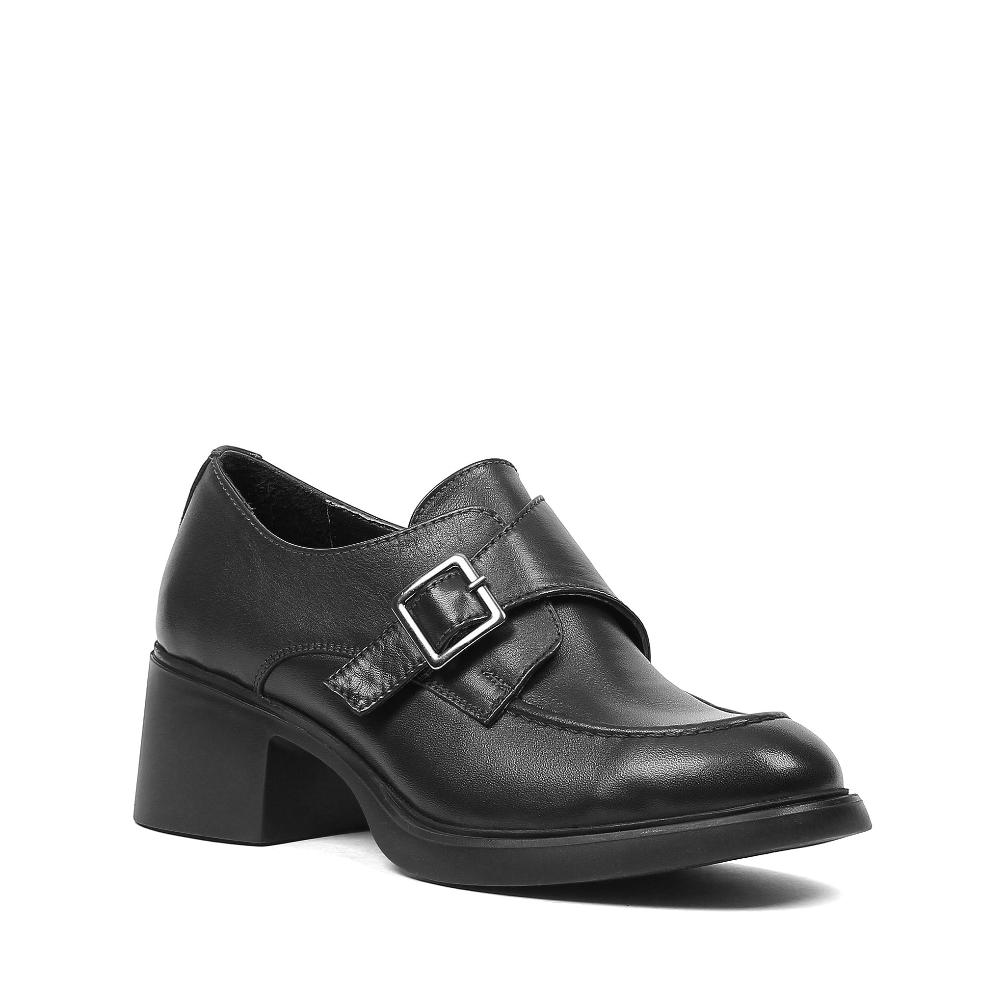 Women's Black Leather Block Heel Shoes with Side Buckle Strap (727-28666)