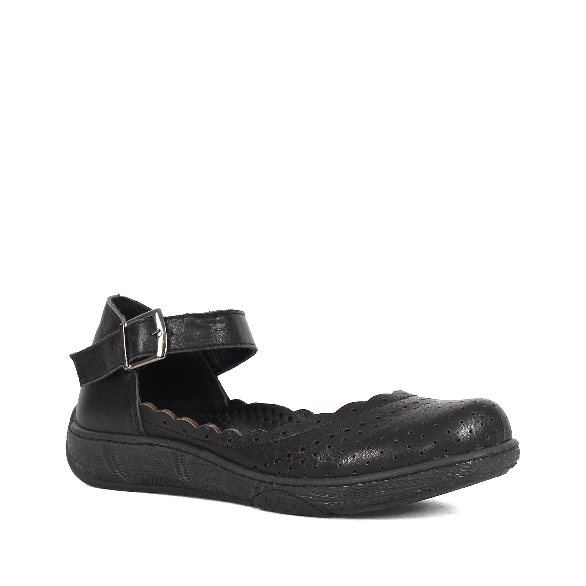 Damen Mary Jane Ballerinas aus schwarzem Leder mit Lochmuster und Schnalle (288-31106)