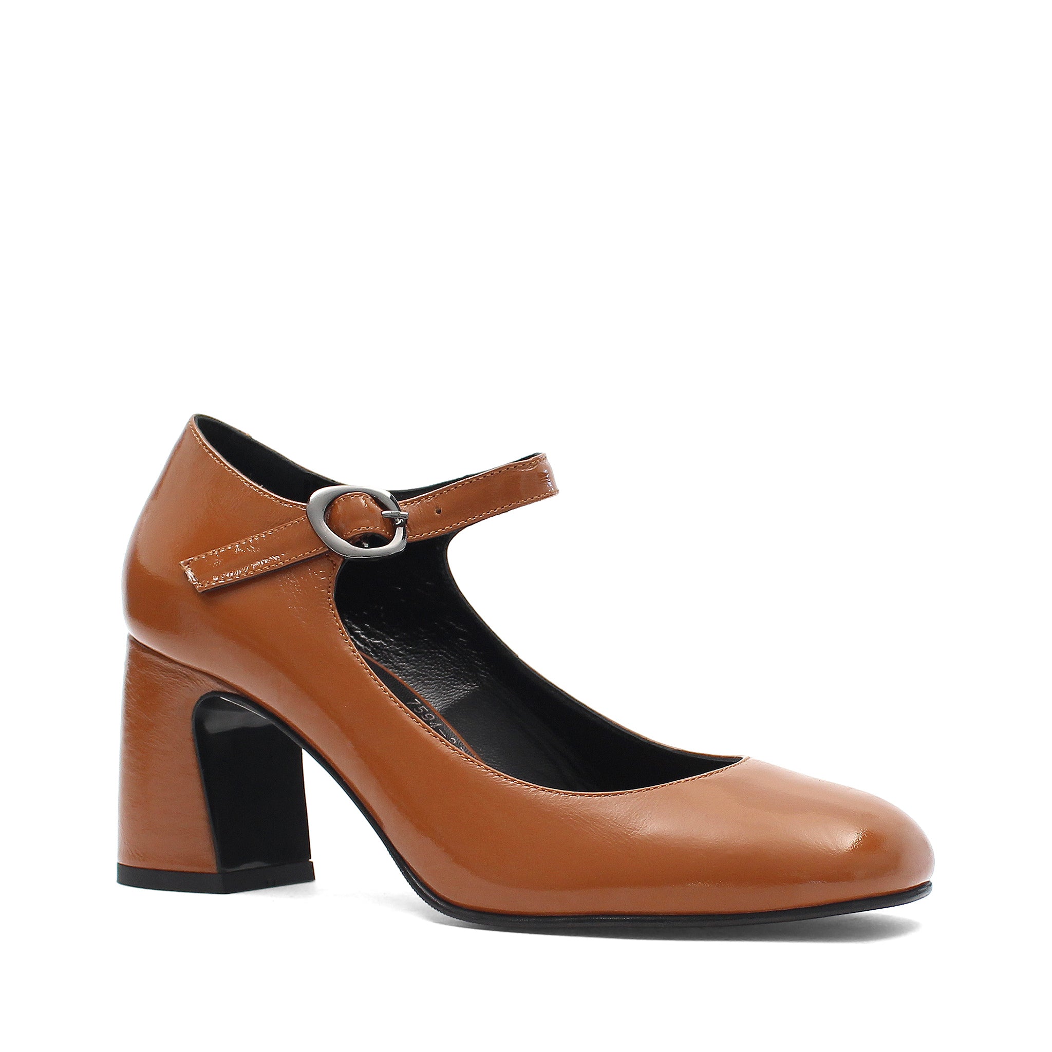 Damen Mary Jane Pumps aus schwarzem Lackleder mit Blockabsatz und Riemen (752-31700)