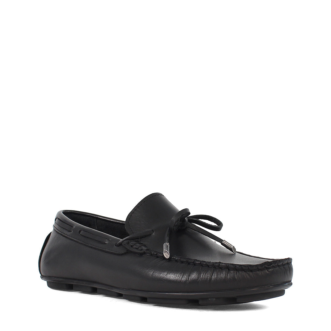Men’s Black Leather Driving Loafers – Classic Moccasins with Bow (764-5400)