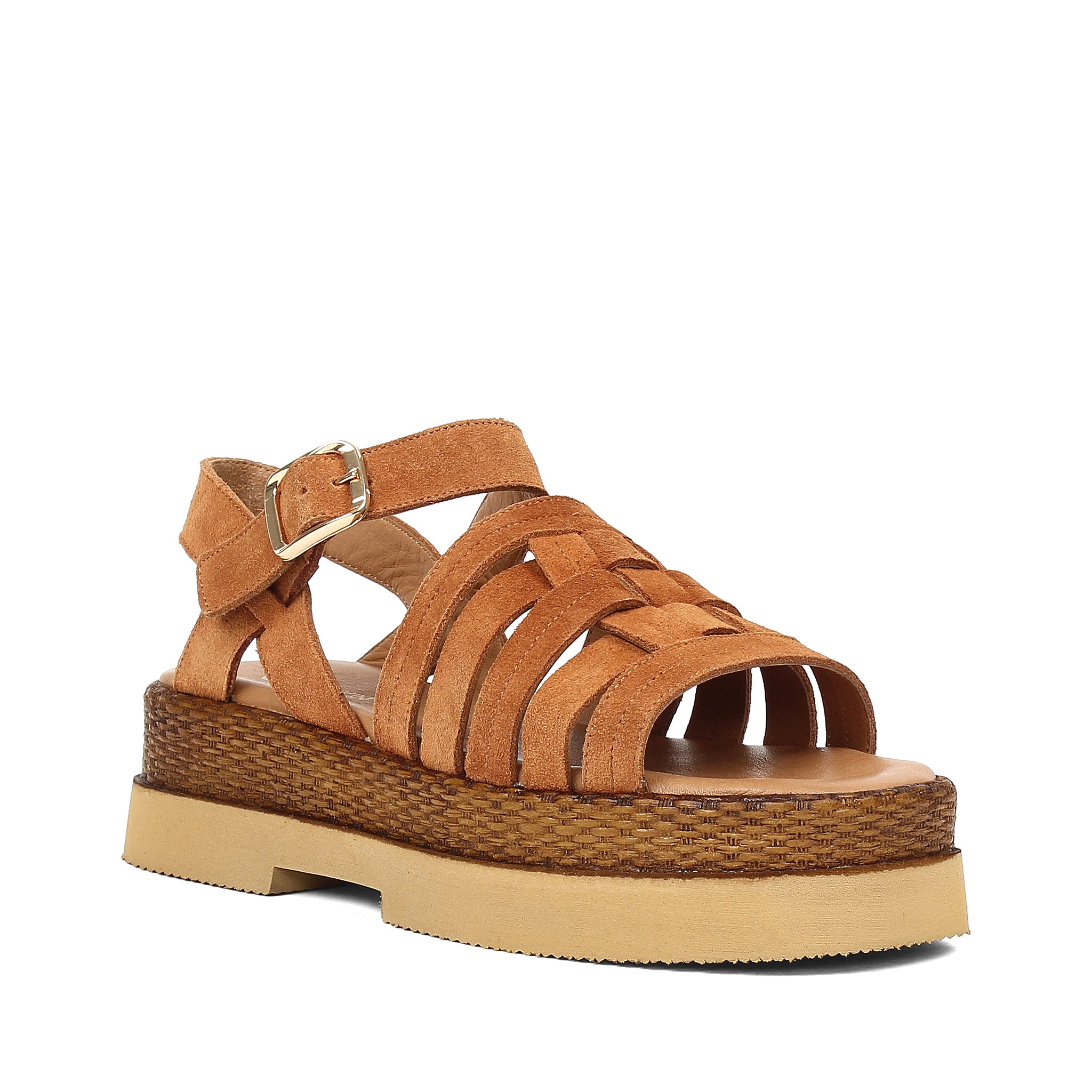 Women’s Tan Suede Leather Velcro Strap Platform Sandals (559-30008)