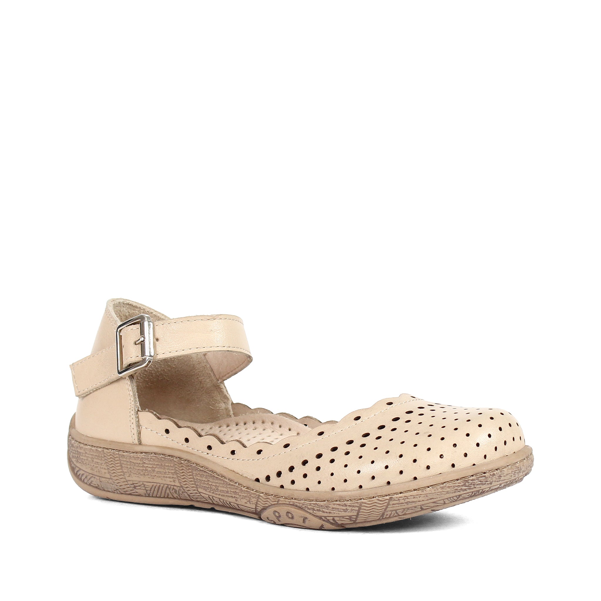 Damen Mary Jane Ballerinas aus beigem Leder mit Lochmuster und Schnalle (288-31106)