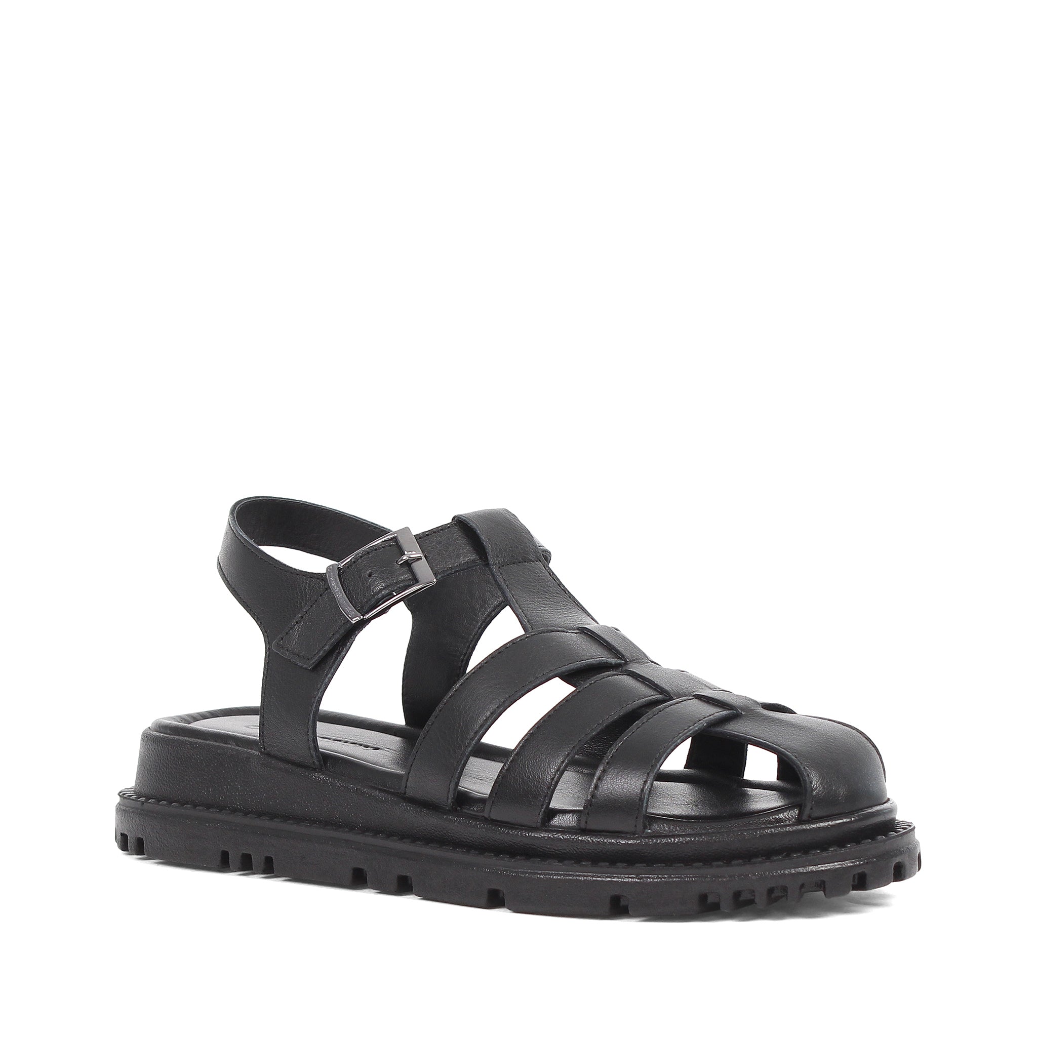 Women's Black Leather Fisherman Sandals with Adjustable Buckle (728-28505)