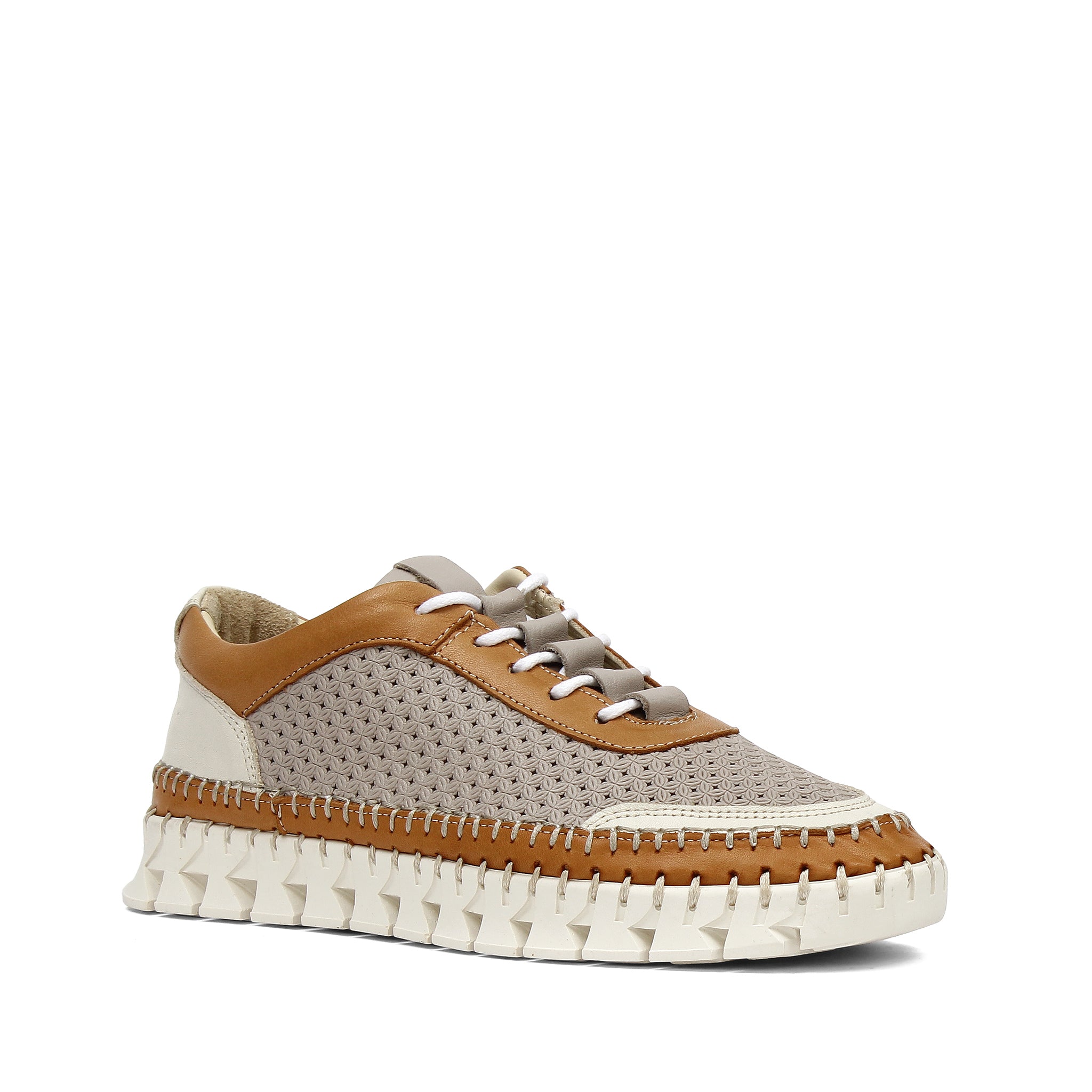 Women’s Beige Leather Sneakers with Cognac and Cream Accents (759-33502)