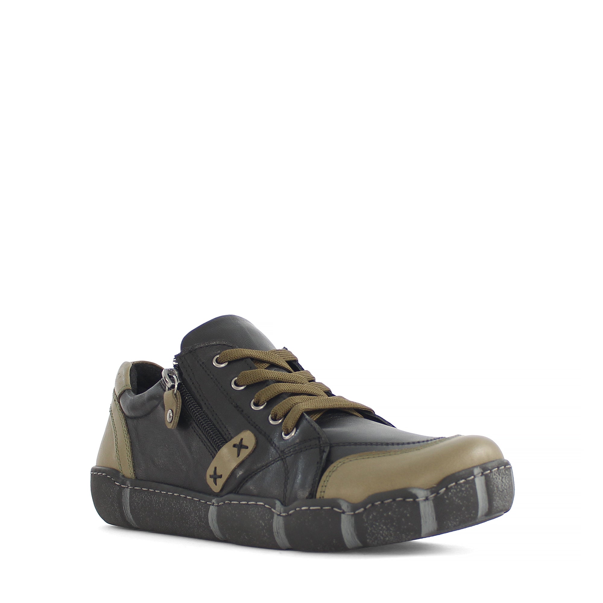 Damen Schwarze/Khaki Leder Schnürschuhe mit Reißverschluss (288-31101)
