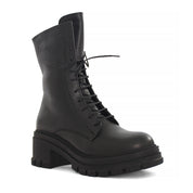 Damen Schwarze Leder-Kampfstiefel mit hohem Blockabsatz (625-23948)