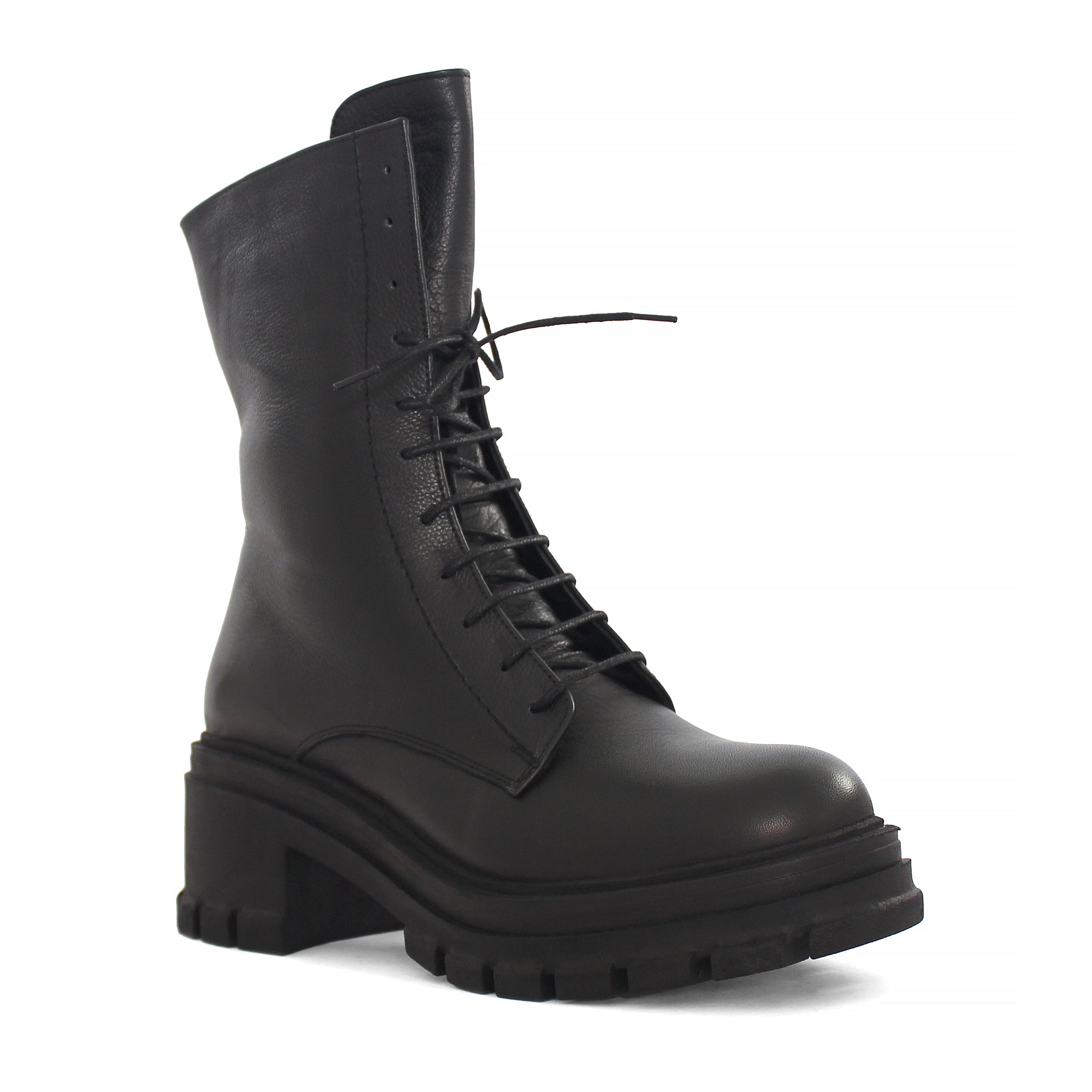 Damen Schwarze Leder-Kampfstiefel mit hohem Blockabsatz (625-23948)