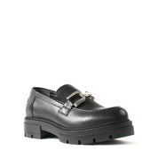 Women's Black Leather Loafers with Block Heel (383-20966)