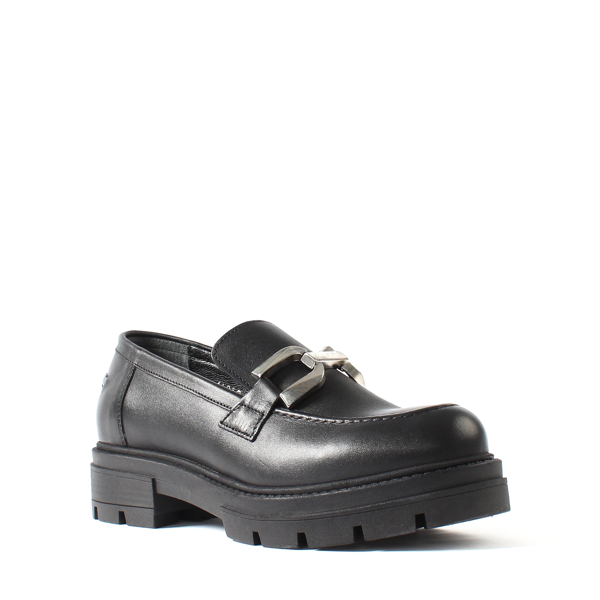 Women's Black Leather Loafers with Block Heel (383-20966)