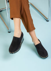 Damen Plateau-Slipper – Schwarz mit braunem Leo-Muster (317-401)