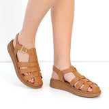 Women's Tan Leather Fisherman Sandals with Adjustable Buckle (366-28216)