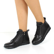 Women's Black Leather Ankle Boots with Warm Lining (376-20407)