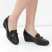 Women's Black Patent Leather Wedges with Decorative Detail (376-20429)