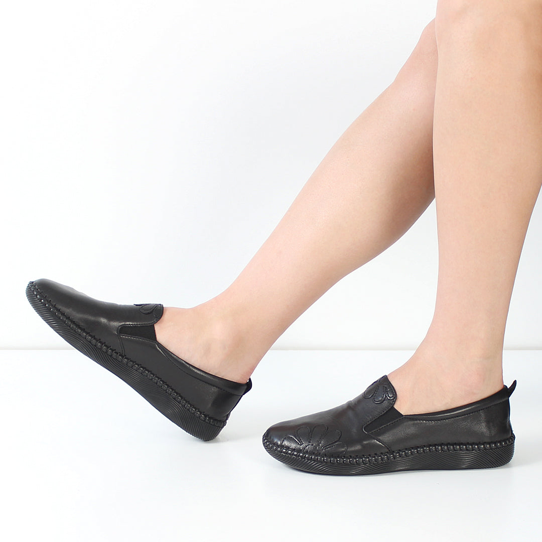 Damen Schwarze Leder-Ballerinas für Freizeit (383-4035)