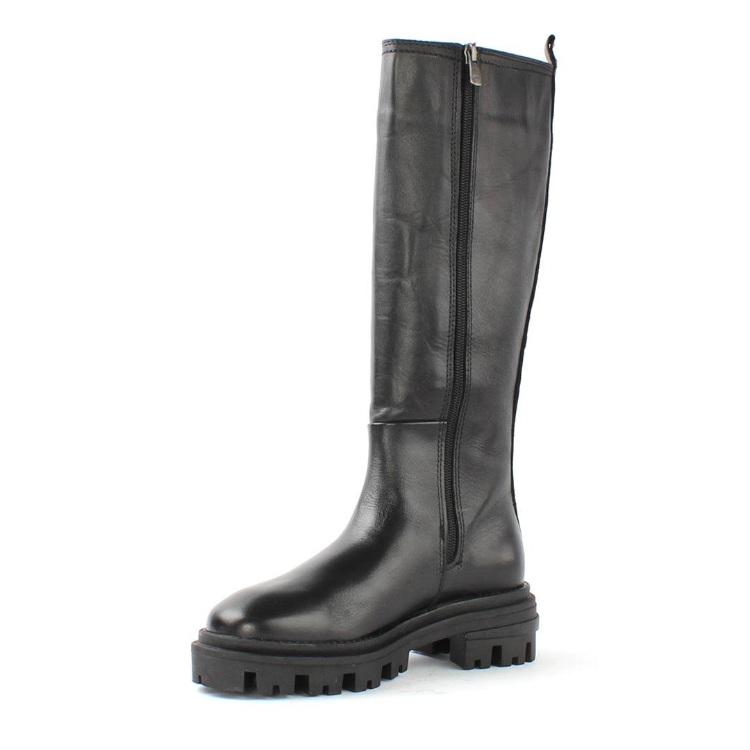 Damen Schwarze Kniehohe Leder-Stiefel mit Chunky-Sohle (029-20141)