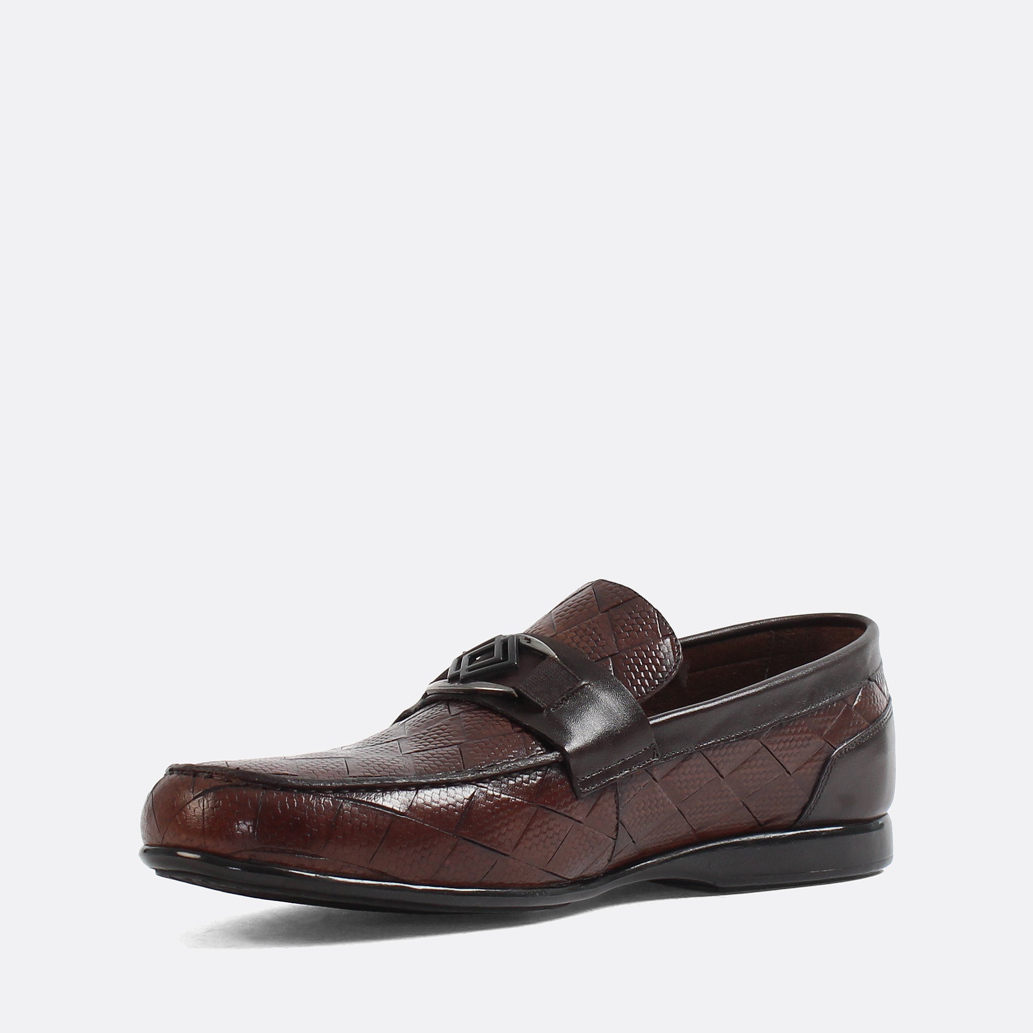 Men’s Tan Textured Leather Slip-On Loafers with Buckle Detail (639-259)