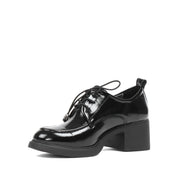 Women's Black Patent Block Heel Oxford Shoes with Laces (727-28639)