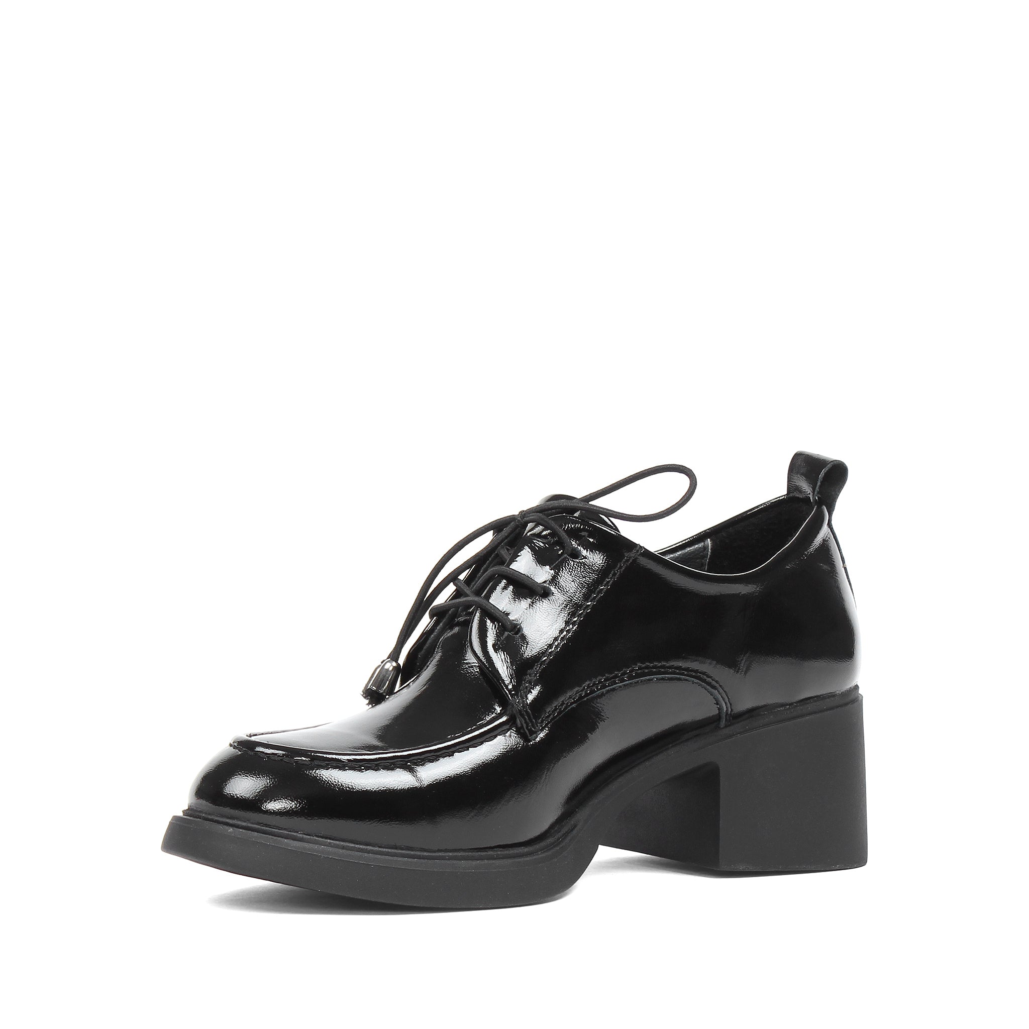 Women's Black Patent Block Heel Oxford Shoes with Laces (727-28639)