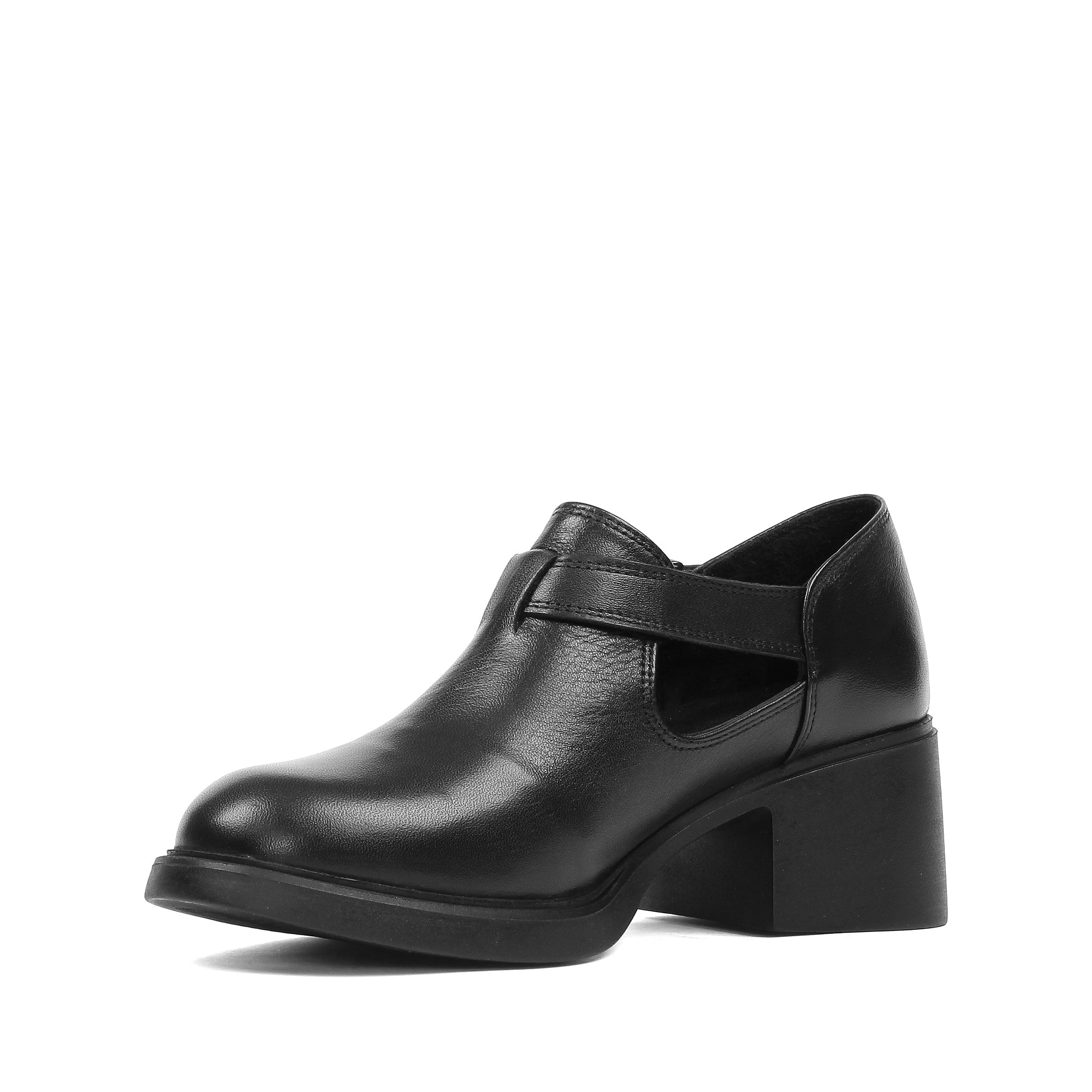 Damen Blockabsatz Schuhe Schwarz Leder mit Schnallenriemen (727-28634)