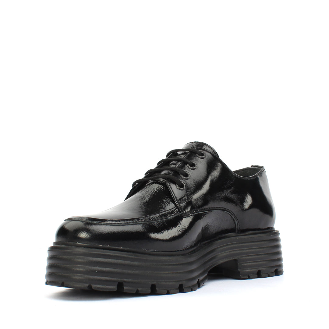 Women's Black Patent Leather Lace-Up Shoes with Block Heel (383-20956)