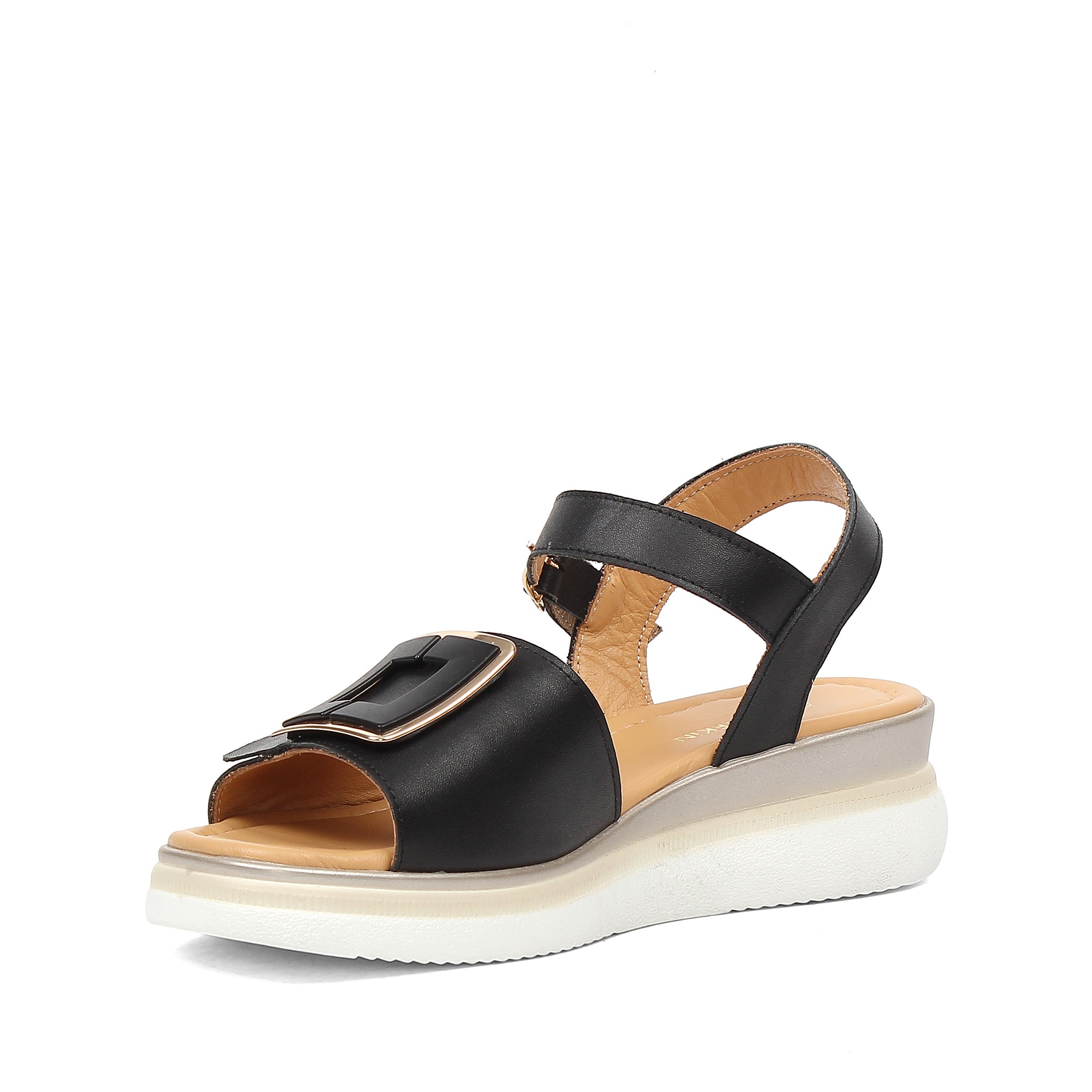 Women’s Black Leather Velcro Strap Platform Sandals (789-42106)