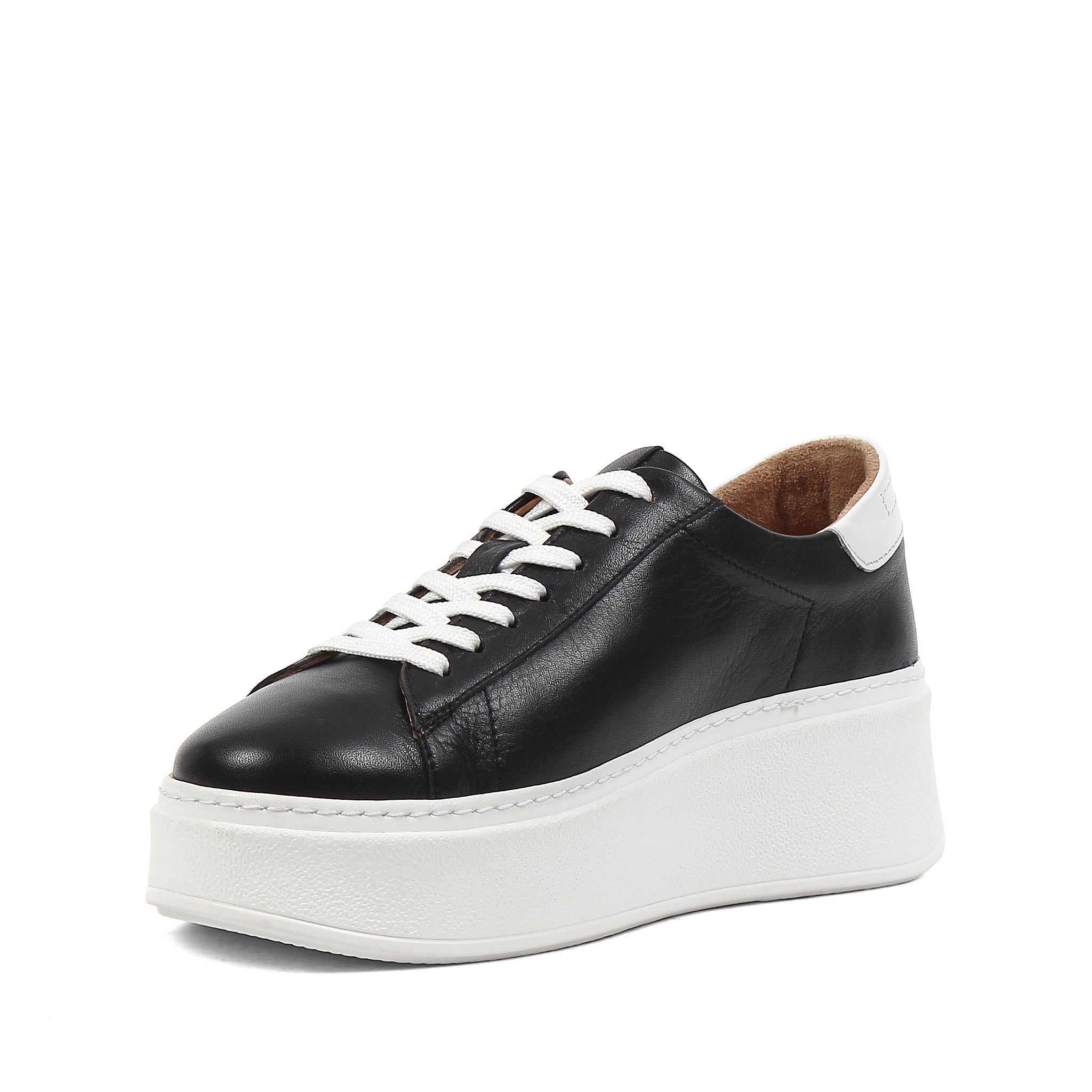 Black Leather Platform Sneakers with Heel  (727-28664)