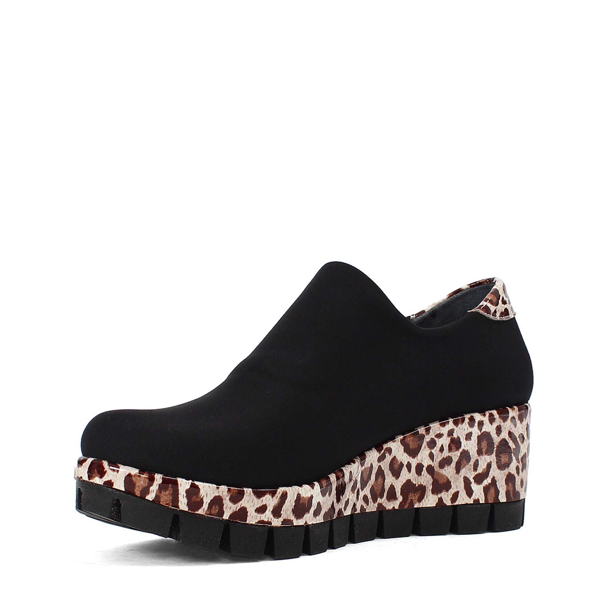 Damen Plateau-Slipper – Schwarz mit braunem Leo-Muster (317-401)
