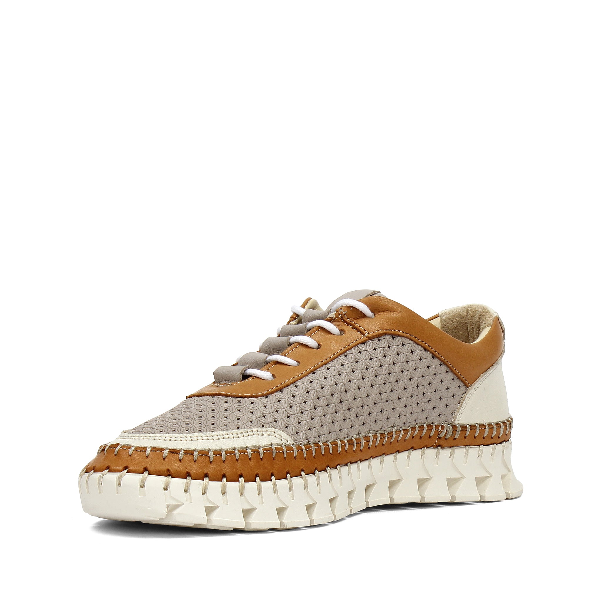 Women’s Beige Leather Sneakers with Cognac and Cream Accents (759-33502)
