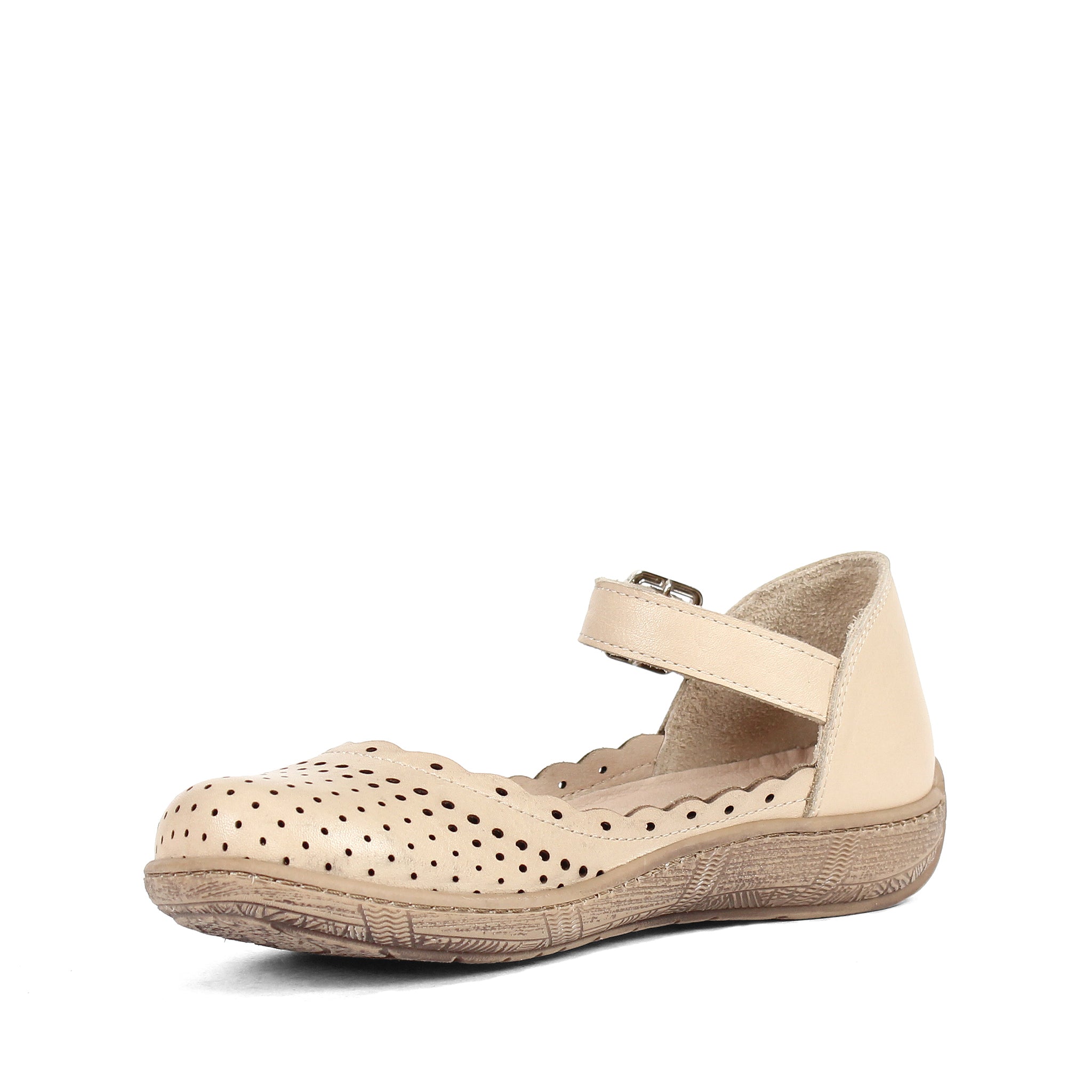 Damen Mary Jane Ballerinas aus beigem Leder mit Lochmuster und Schnalle (288-31106)